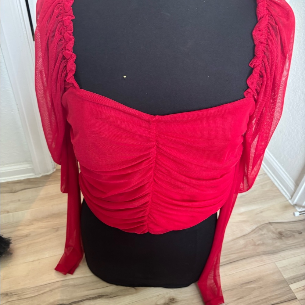 Elegant Red Ruched Women's Top - Picture 2 of 5